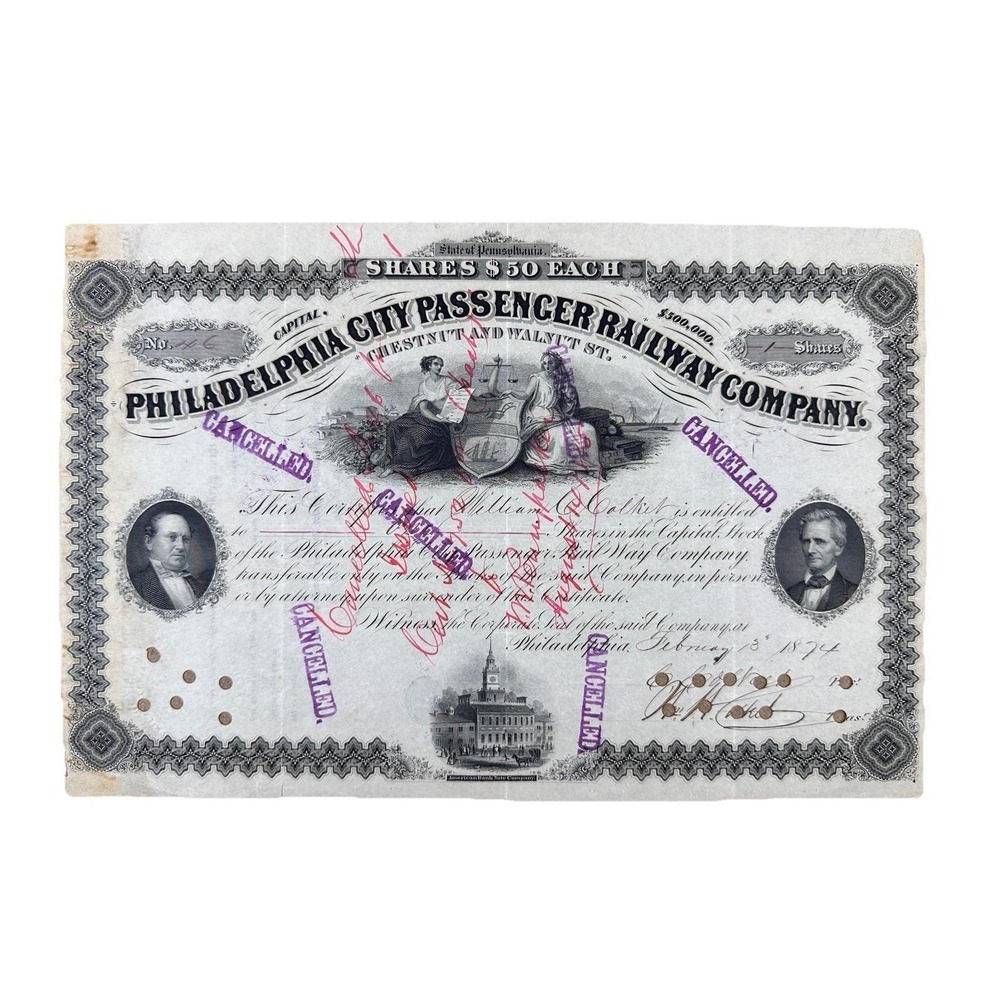 1874 Philadelphia City Passenger Railway Co. Stock Certificate‎